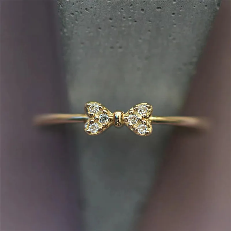 

S925 Sterling Silver Electroplated 14k Micro Set Zircon Bow Ring for Women Minimalist Elegance Anniversary Gift Jewelry