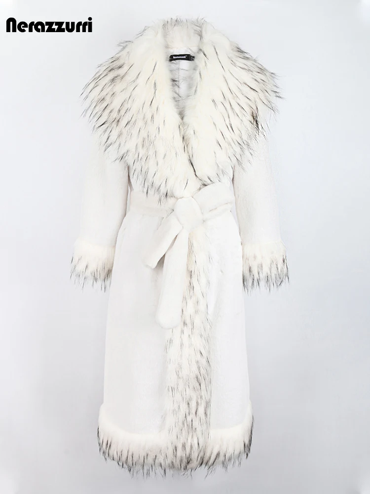 Nerazzurri Winter Long White Thick Warm Luxury Elegant Fluffy Faux Fur Coat Women with Fox Fur Trim Sashes European Fashion 2022