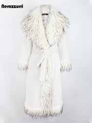 Nerazzurri Winter Long White Thick Warm Luxury Elegant Fluffy Faux Fur Coat Women with Fox Fur Trim Sashes European Fashion 2022