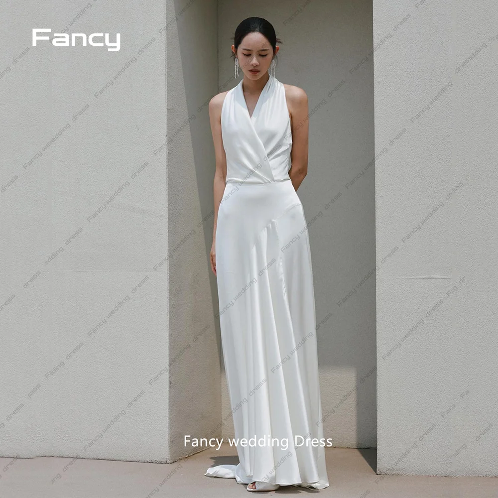 Fancy Korea Halter Elegant Wedding Dress V Neck Sleeveless Soft Satin Bridal Gown Formal Occasion Dresses customized