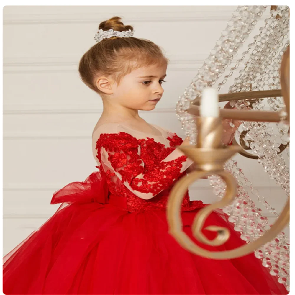 New Red Flower Girls Dresses Fluffy round neck with Long Sleeves Beautiful Bridesmaid Birthday Backless Lace Bow Appliques