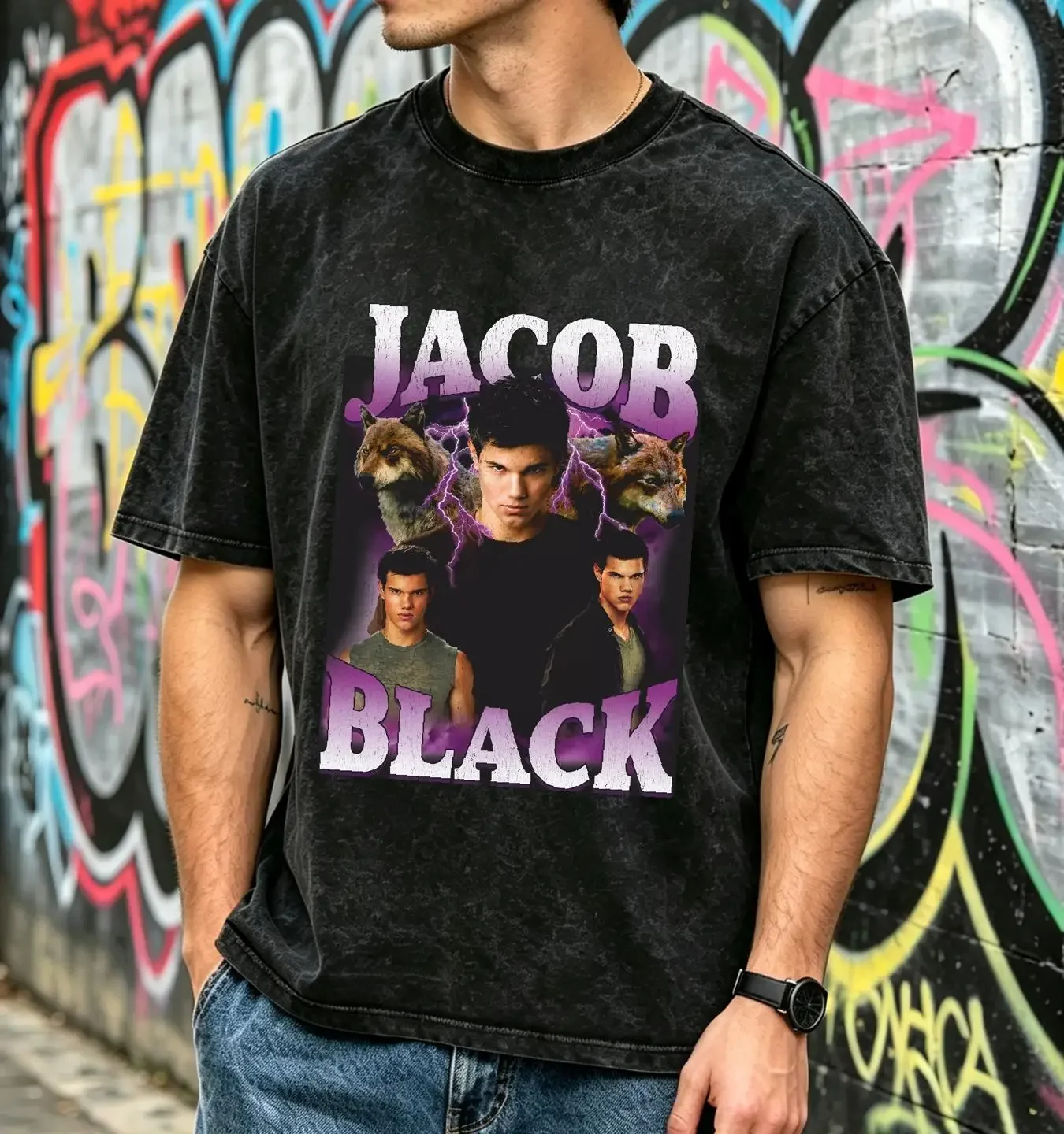 washed T Shirt twilight jacob black lightning vintage Washed graphic Slightly homme Casual Comfortable Stylish Versatile