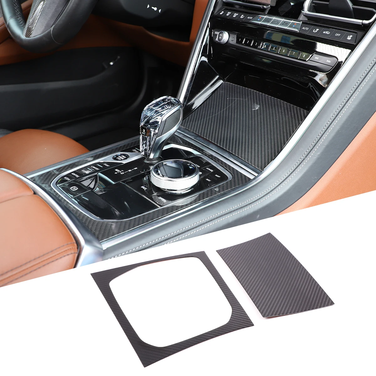 لسيارات BMW 8 Series G14 G15 G16 إطار لوحة تروس التحكم المركزي ملصق تزيين السيارة الداخلي ألياف الكربون الحقيقية 2 قطعة 2019-2022