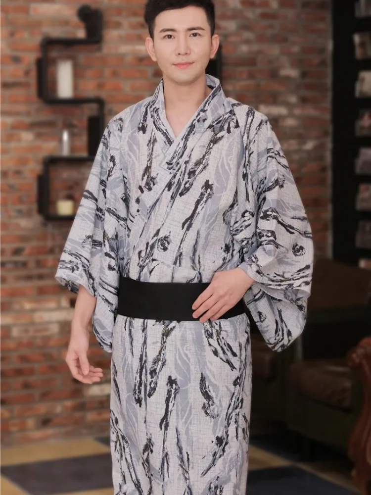 Traditional Japan Yukata Robe Men's Dressing Gown Male Lounge with Belt Japanese Pajama Kimono Easy Wearing Design Obi Yukata