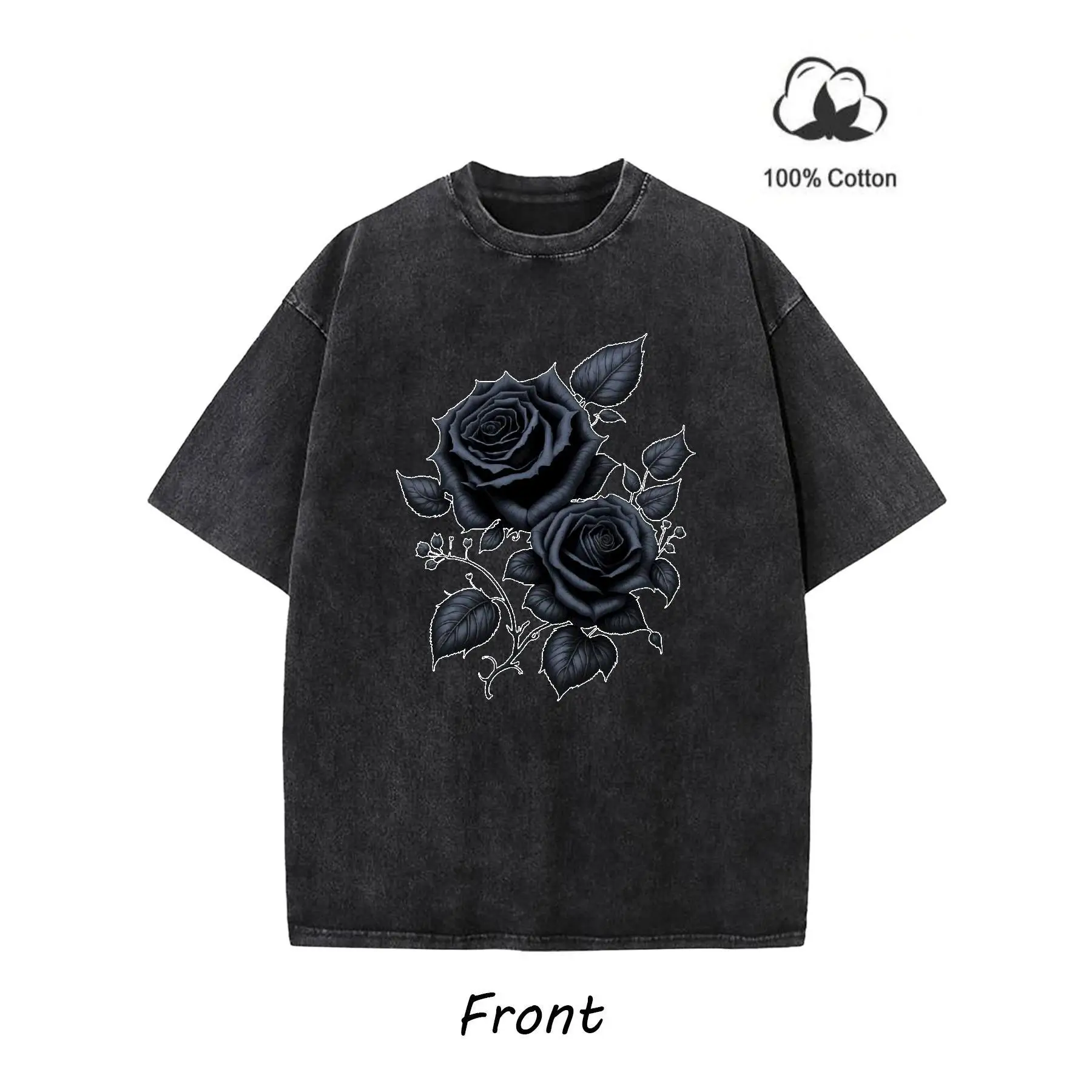 

Vintage Black Rose T-shirt, Men Women Oversized Washed Tee, Gothic Floral Graphic Top, Streetwear Flower Apparel