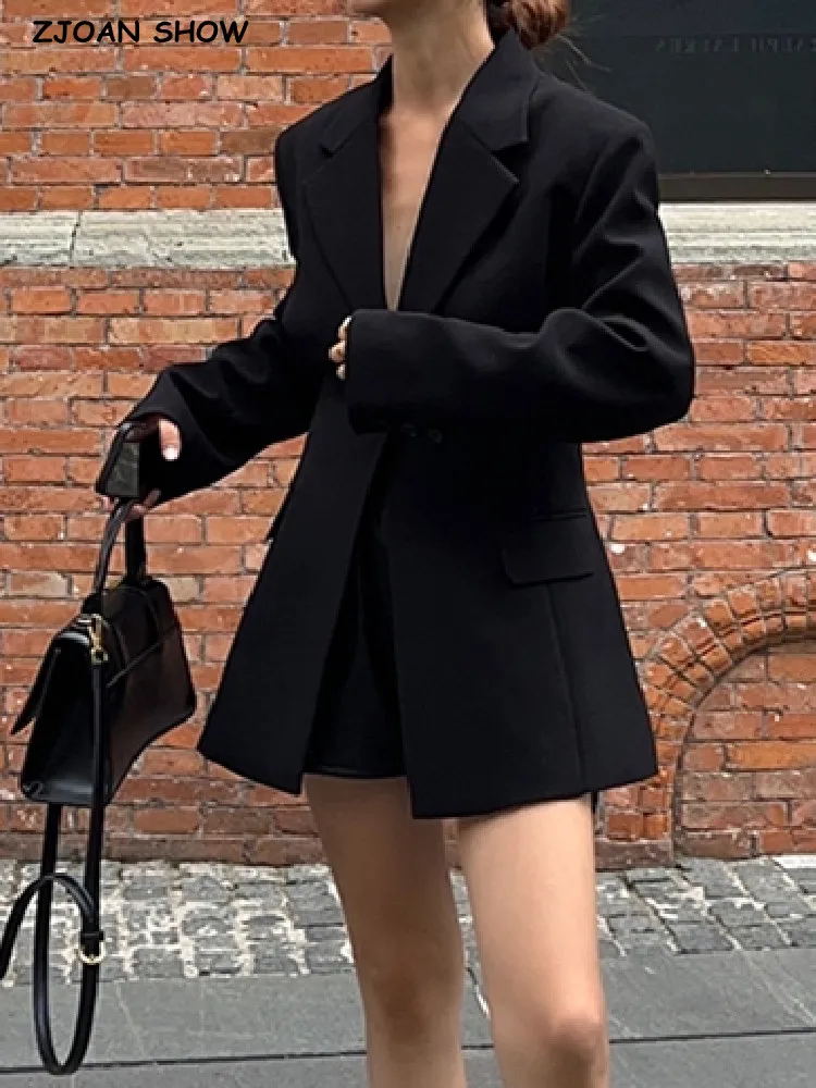 

2023 Spring Free style one Button Drop Shoulder Slim Waist Blazer Boyfriend Vintage Women Mid Long Suit Loose Female Coat Black