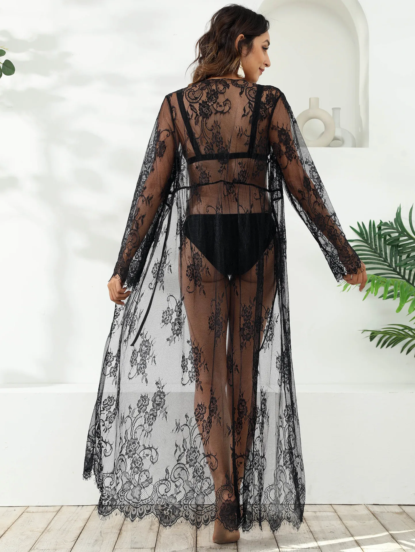 2025 New Long Beach Cover Up for Women Summer Cardigan Beachwear Black Sheer Lace Sleep Dress Maxi Sleeve Dresses Bathroom Exit