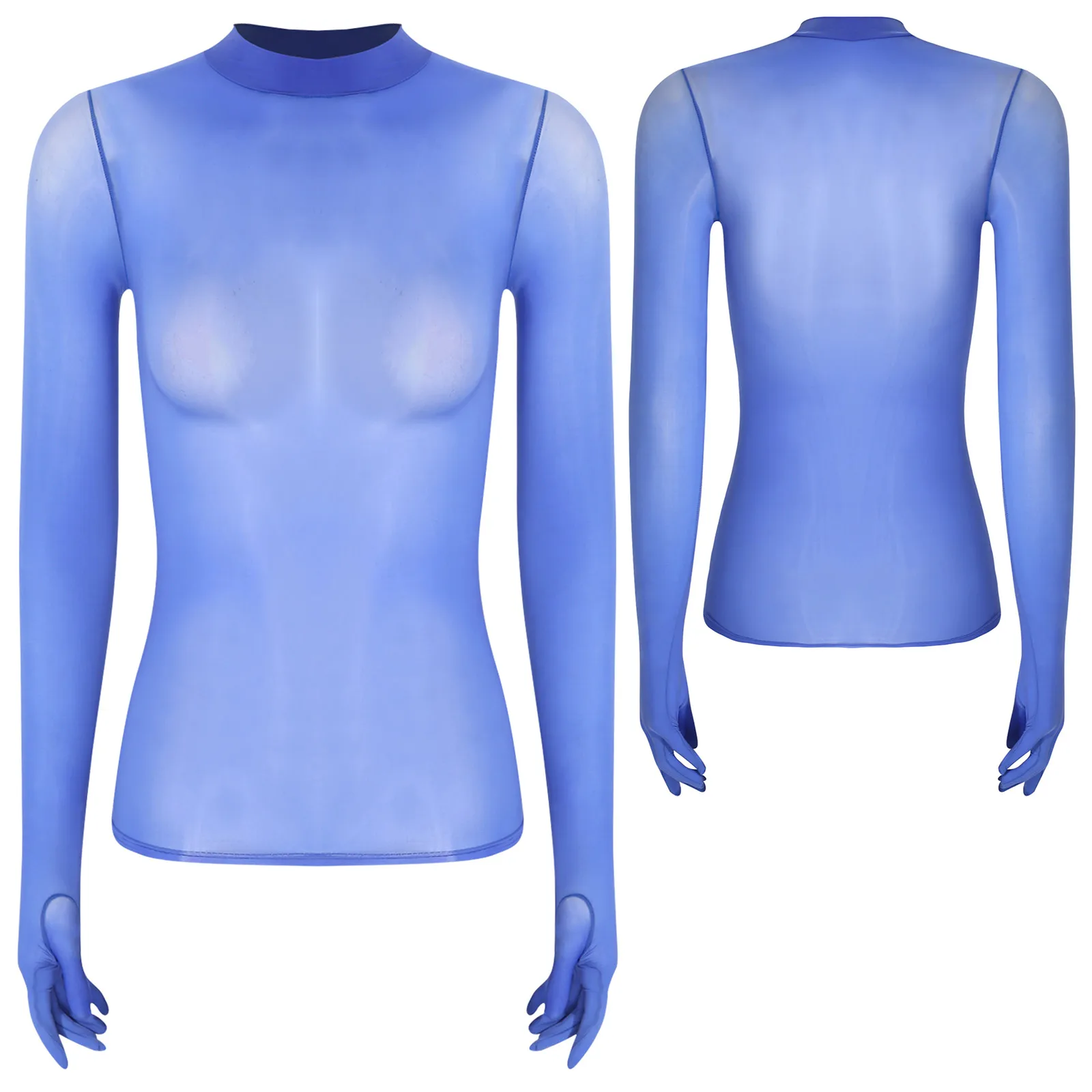 

Womens Glossy See Through Lingerie Gloved Shirts Top Sexy Long Sleeve Slim Fit Stretchy Shirt Pullover Tops Carnival Clubwear