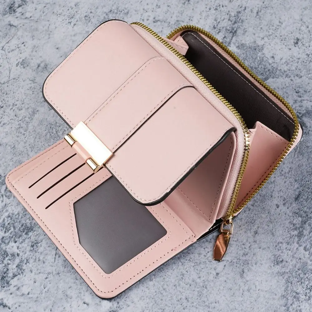 

Retro Purse PU Leather Short Wallet Zipper Multifunctional Three Fold Wallet Foldable Large Capacity Women Card Holder Women