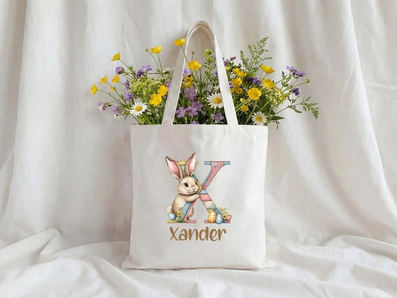 Personalized Easter Bunny Tote Bag with Custom Name – Cute Easter Gift for Boys and Girls, Spring Birthday Present, Personalized