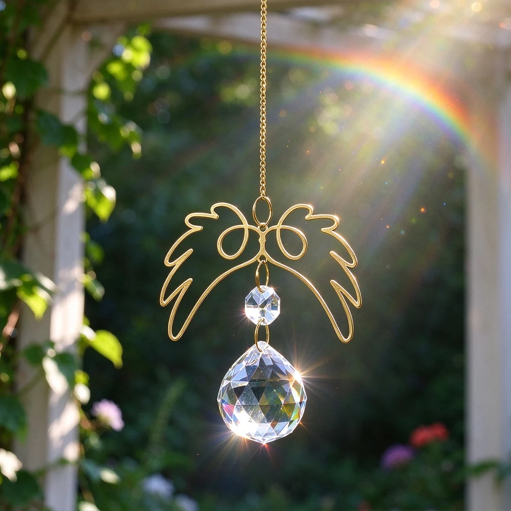 Gold Metal Angel Wings Crystal Ball Suncatcher Prism Rainbow Maker Chime Window Garden Car Rearview Mirror Boho Home Decor