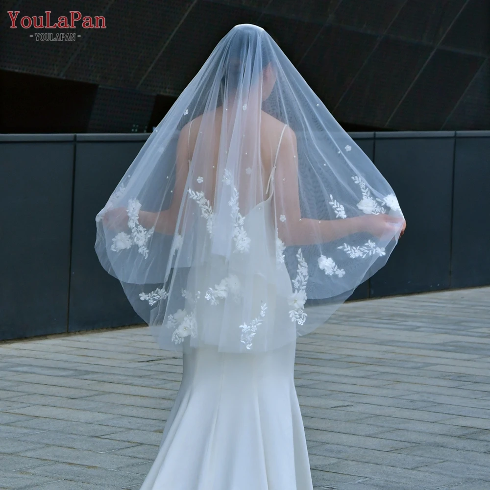 Youlapan V122 velo da sposa con copricapo perla petalo velo da sposa velo da sposa 3D Organza fiori bordi gomito lunghezza velo