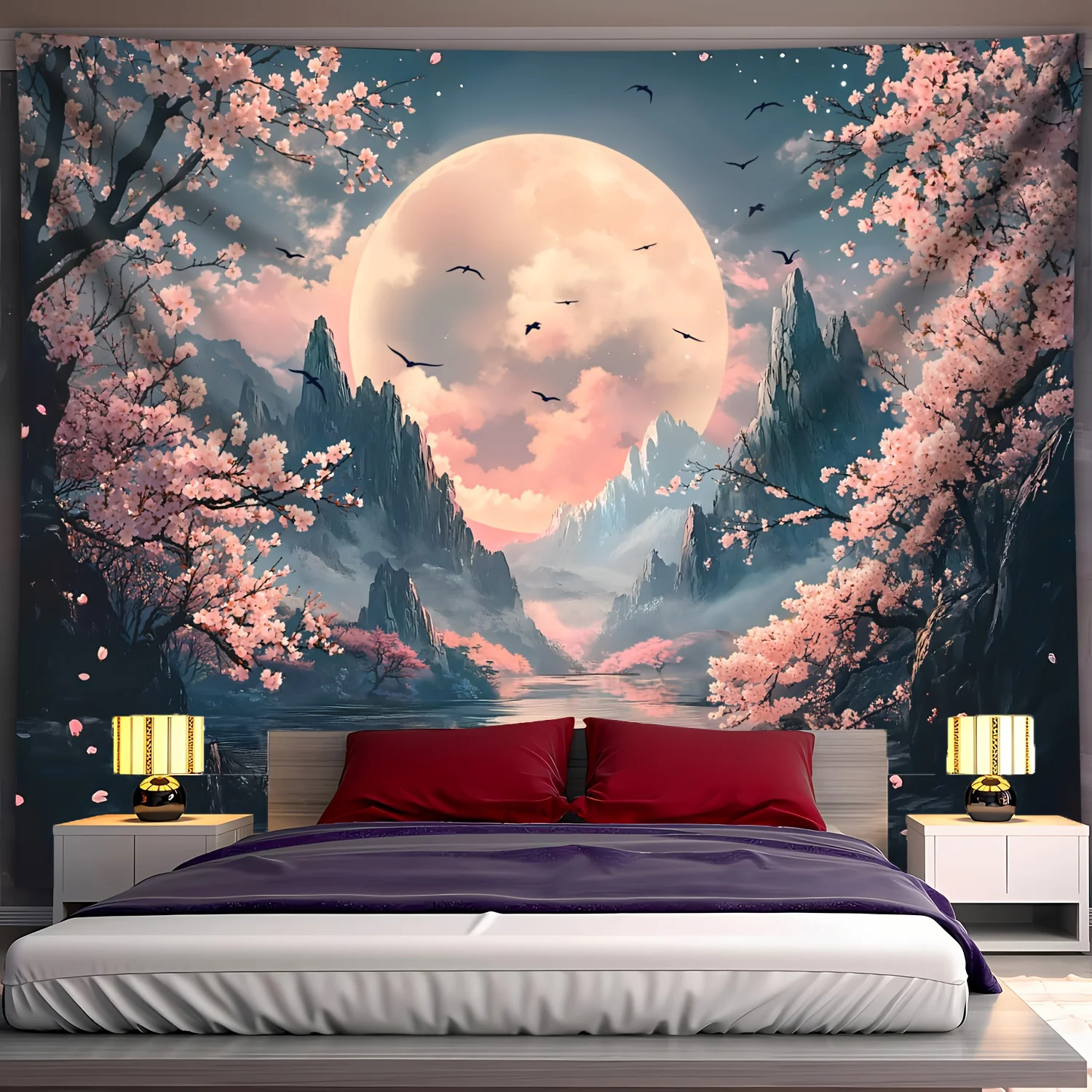 Sakura Mountain & Moon Scenic Tapestry Ultra Large Polyester Wall Hanging for Living Room, Bedroom, Office Decor | Includes