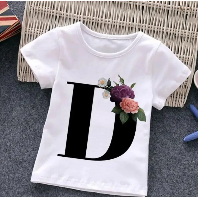 

Fashion Summer Letter T-shirt Alphabet Girls Harajuku Retro Boy Tshirt Flowers Element Nice Round Neck Kids