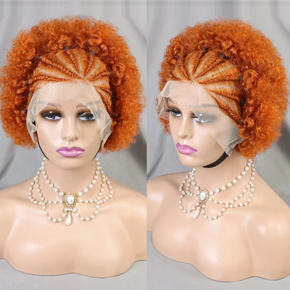 13x4 Lace Frontal Kurze Afro Kinky Curly Bob Geflochtene Haarperücke 8 Zoll Schwarze Echthaarperücke Vorgezupfte Federnde Lockige Perücke für Frauen – Detail 16