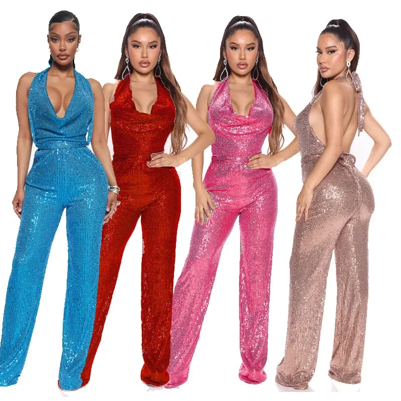 Autumn/Winter New Women's Rompers Sleeveless Halterneck Sequin Lace Jumpsuit for Women with Belt