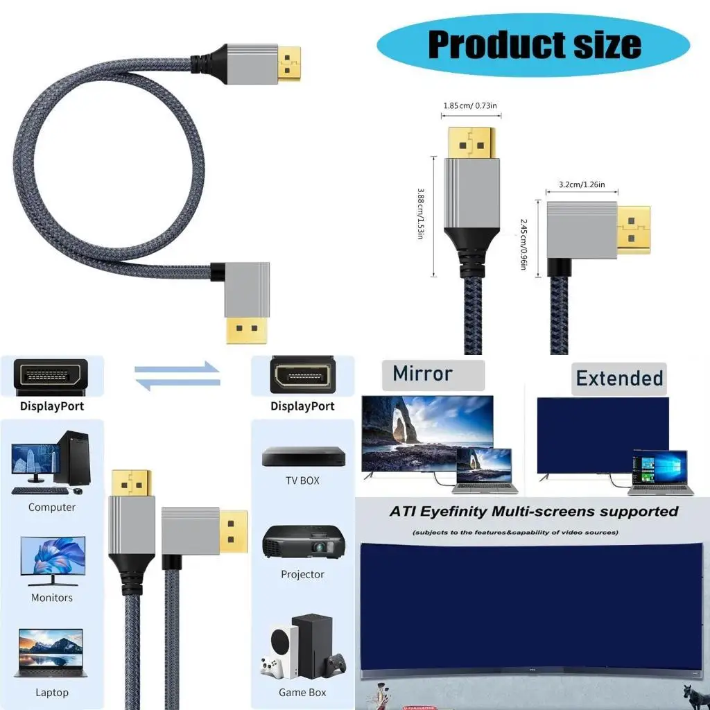 31BA Multipurposed 4K 60Hz วิดีโอสายขวาโค้งงอลวดลวดชายกับตัวเชื่อมต่อชาย DP1.2 สายการเชื่อมต่อ DisplayPort