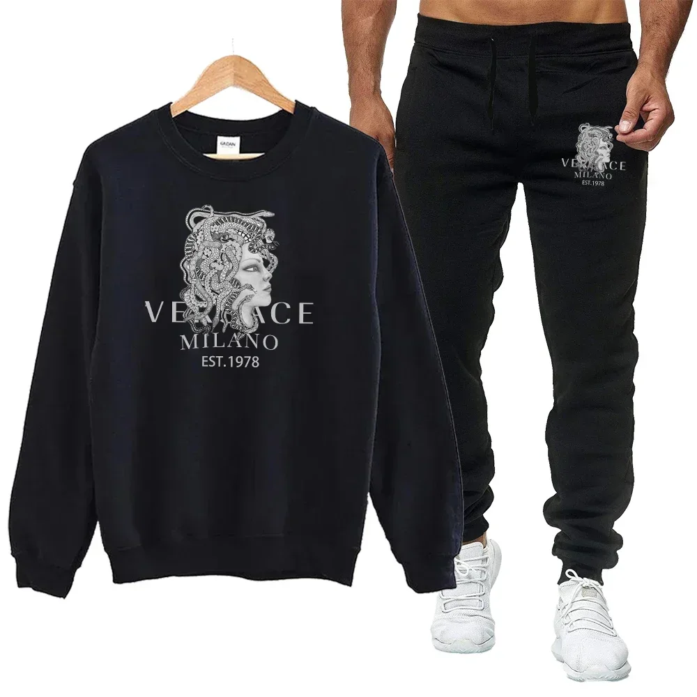 Men's Autumn Round Neck Sweatshirt + Sweatpants Luxury Print Simple Casual Versatile Casual Sports Two-piece Set for Men