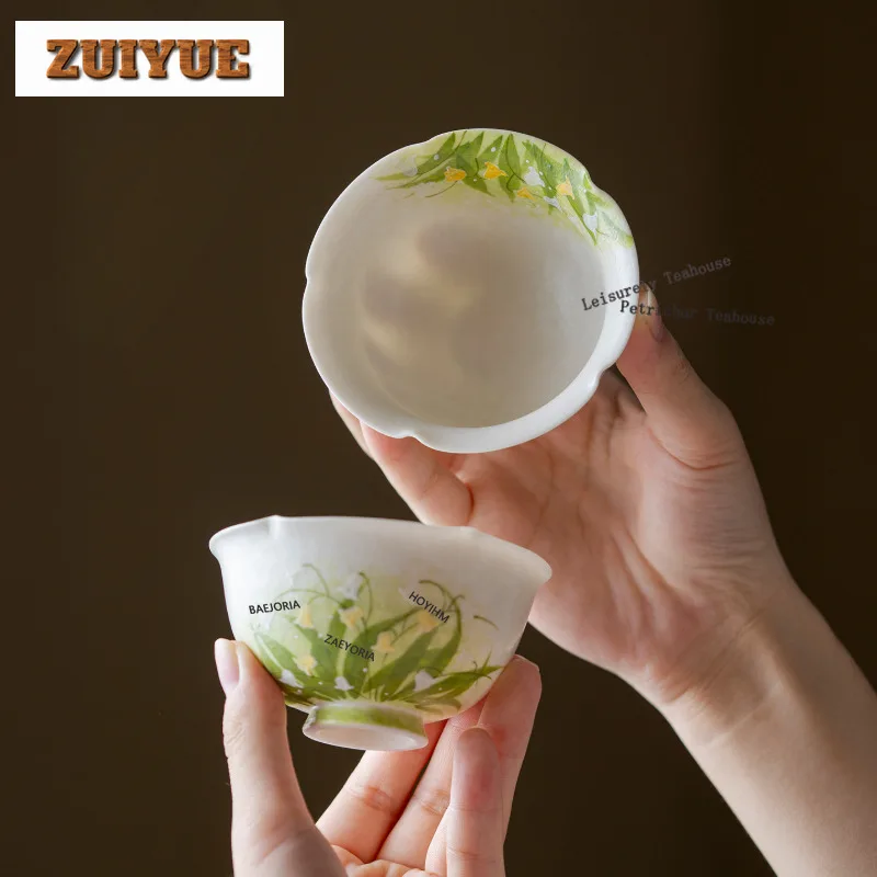HOYIHM 100ml Hand-painted Lily Of The Valley Glass Teacup Luxury Tea Bowl Mug Tea-tasting Smelling Cup Jianzhan Master Cups Gift