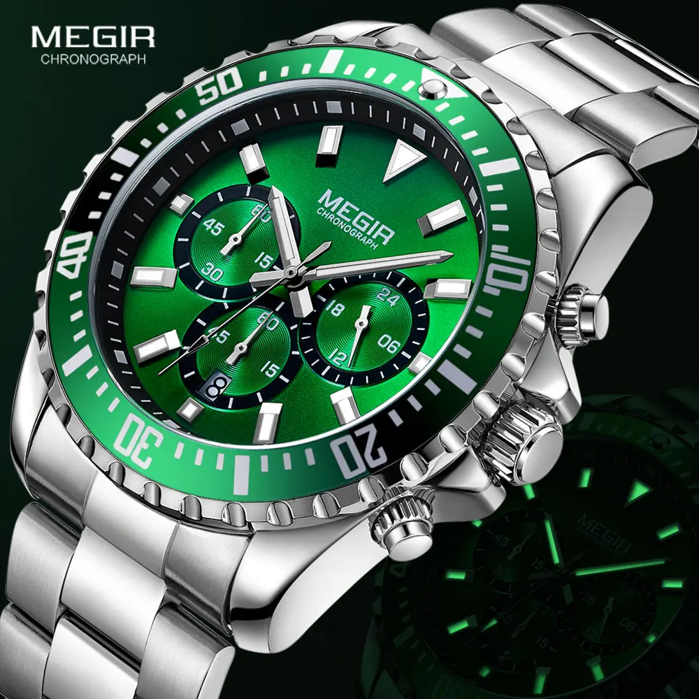 MEGIR 2064 Luxury Quartz Watch Steel Strip Multi Functional Waterproof Calendar Chronograph Luminous Watches for Men Relogios