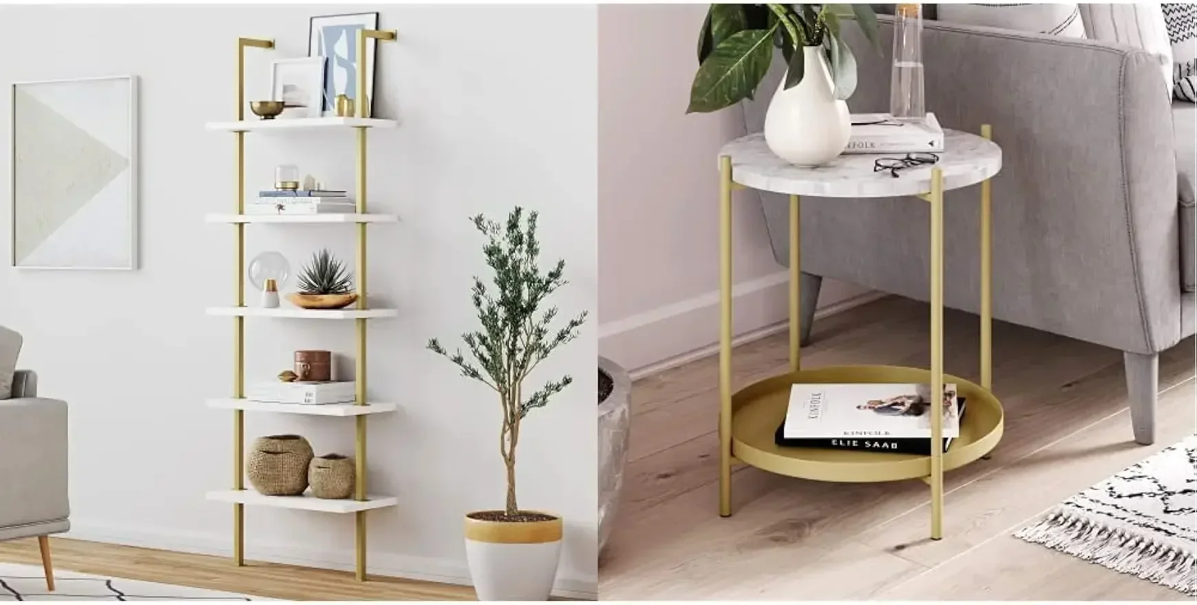 Nathan James Theo 5-Shelf Modern Bookcase, Open Wall Mount Ladder Bookshelf, White/Gold & Alexis Round Modern Side Accent