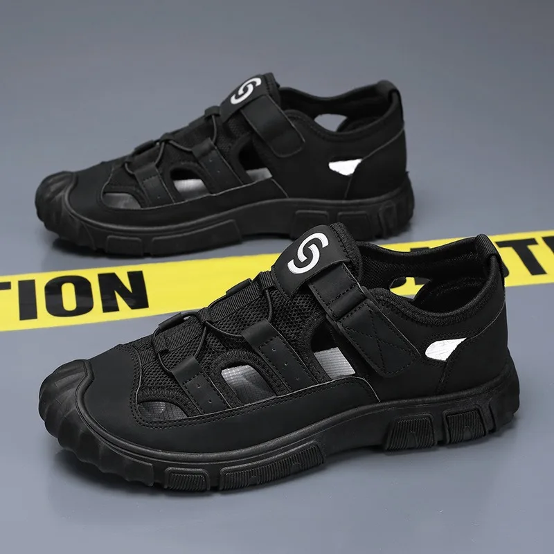 

Модные мужские черные кожаные сандалии, новые летние повседневные туфли с вырезами, уличные дышащие пляжные сандалии ручной работы, тапочки