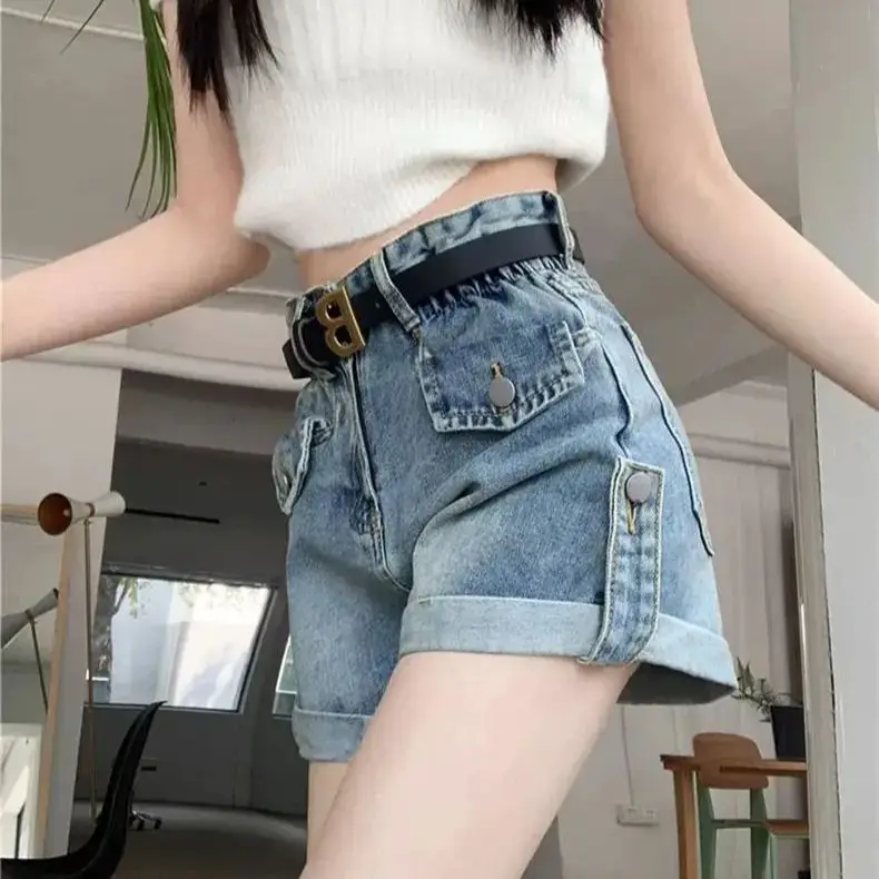 Retro Blue Rolled Denim Shorts Women Spring New High Waist Loose Slim Niche Design Sense A Line Wide-Leg Short Pants