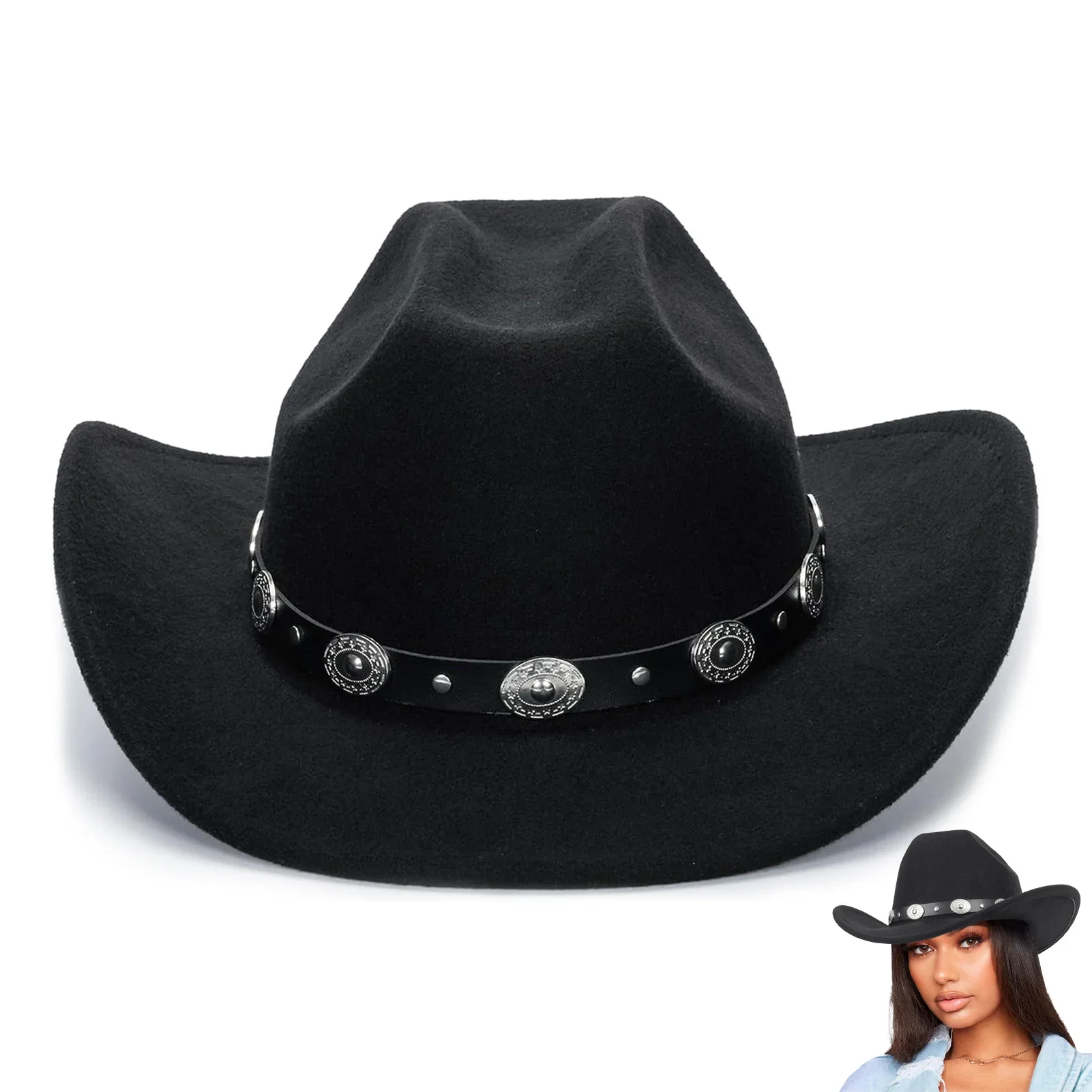Felt Cowboy Hat for Women Men Rolled Wide Brim Cowboy Hats  display picture 1