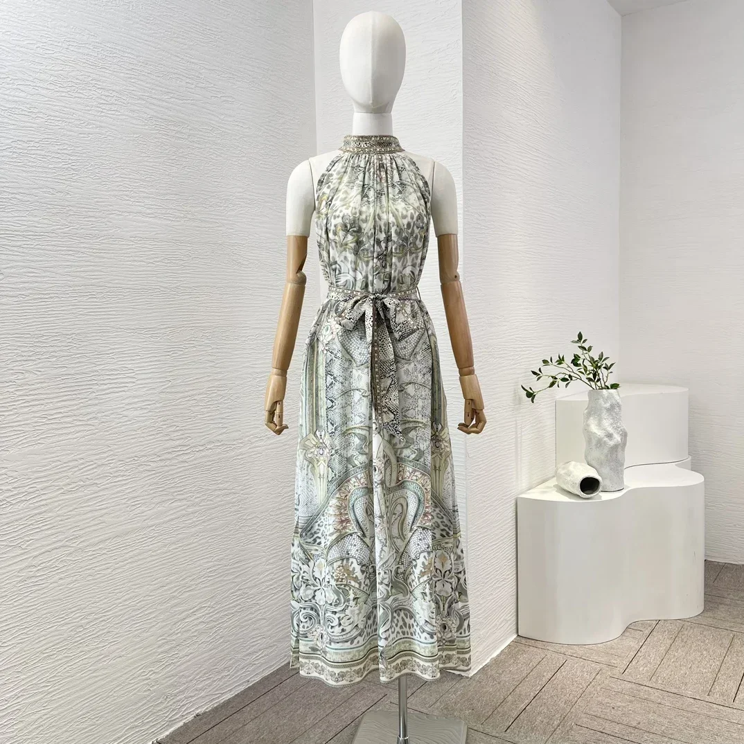 2024 New High Quality Silk Palace Style Floral Printing Turtleneck Lace-up Sleeveless Diamonds Women Midi Dress for Holiday