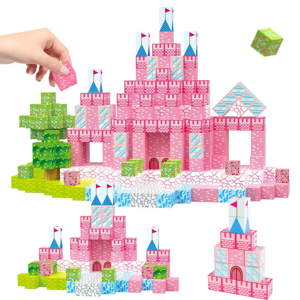 128 pçs conjuntos de blocos magnéticos criança brinquedos de construção 2.5cm cubos magnéticos castelo rosa modelo mundial haste montessori sensorial crianças presentes
