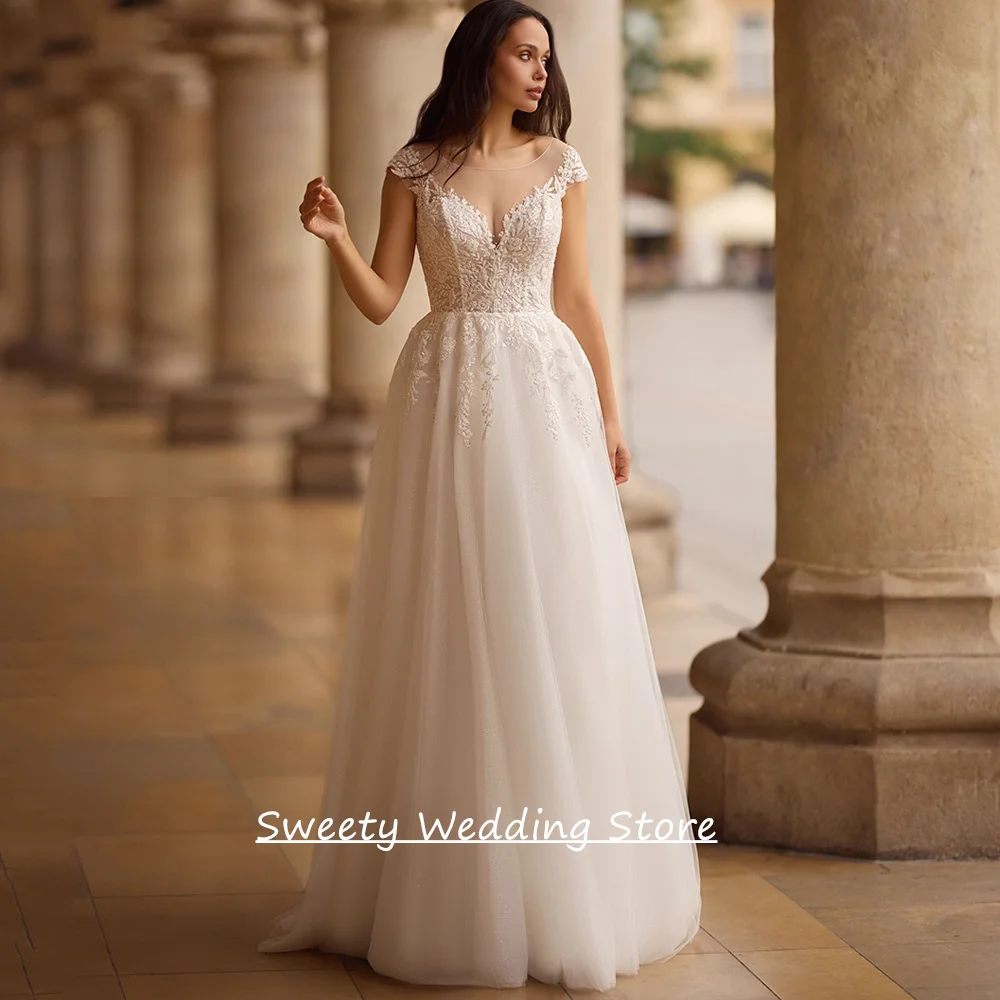 

Classic Wedding Dress Customized Cap Sleeve Scoop Neck Beading Applique Illusion Back Buttons Sweep Train A Line Bride Gown