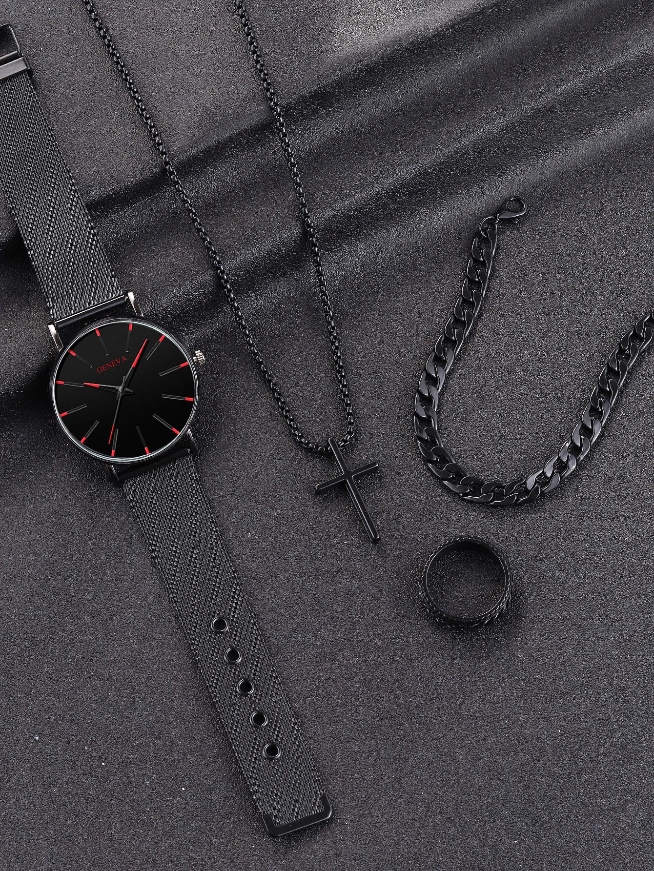 Classic fashion Alloy graduated men\'s mesh band quartz watch with Necklace Ring Bracelet Set Party Party Gift collection