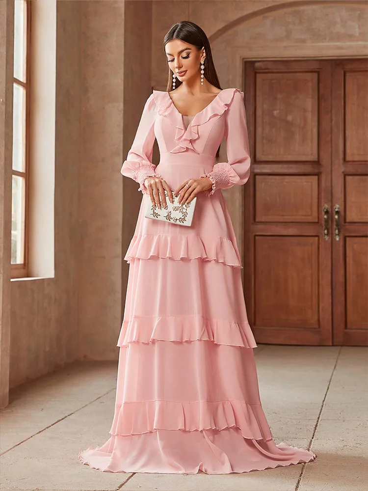 2025 Moda Rosa Abito da donna allentato Elegante scollo a V Manica lunga Abiti solidi Primavera Casual Ruffles Abito lungo fino al pavimento Donna