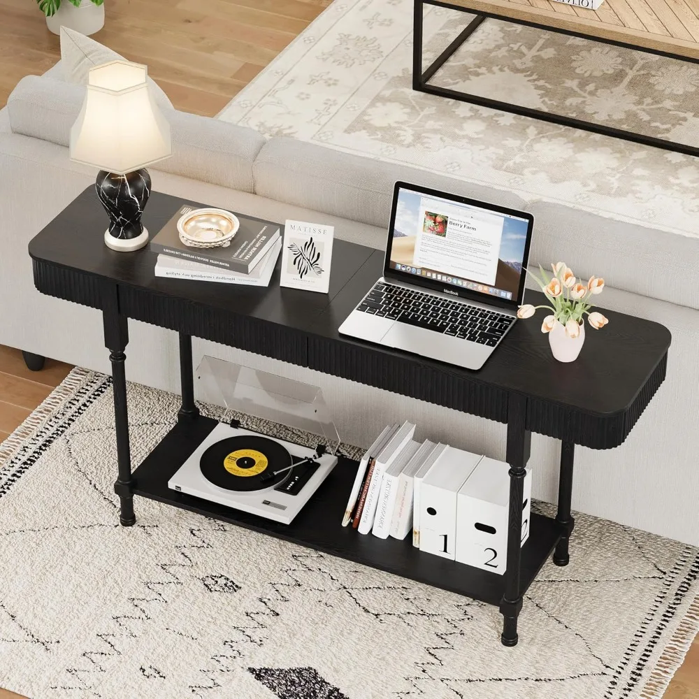 Sturdy 63'' Fluted Console Table with 2 Drawers, 2-Tier Long Entryway Tables with Open Storage, Wooden Narrow Sofa Table Behind