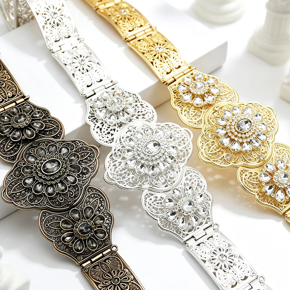 Sunspicems Silver Color Caucasus Belt For Women Rhinestones Hollow Filigree Metal Waist Belly Chain Bridal Wedding Jewelry