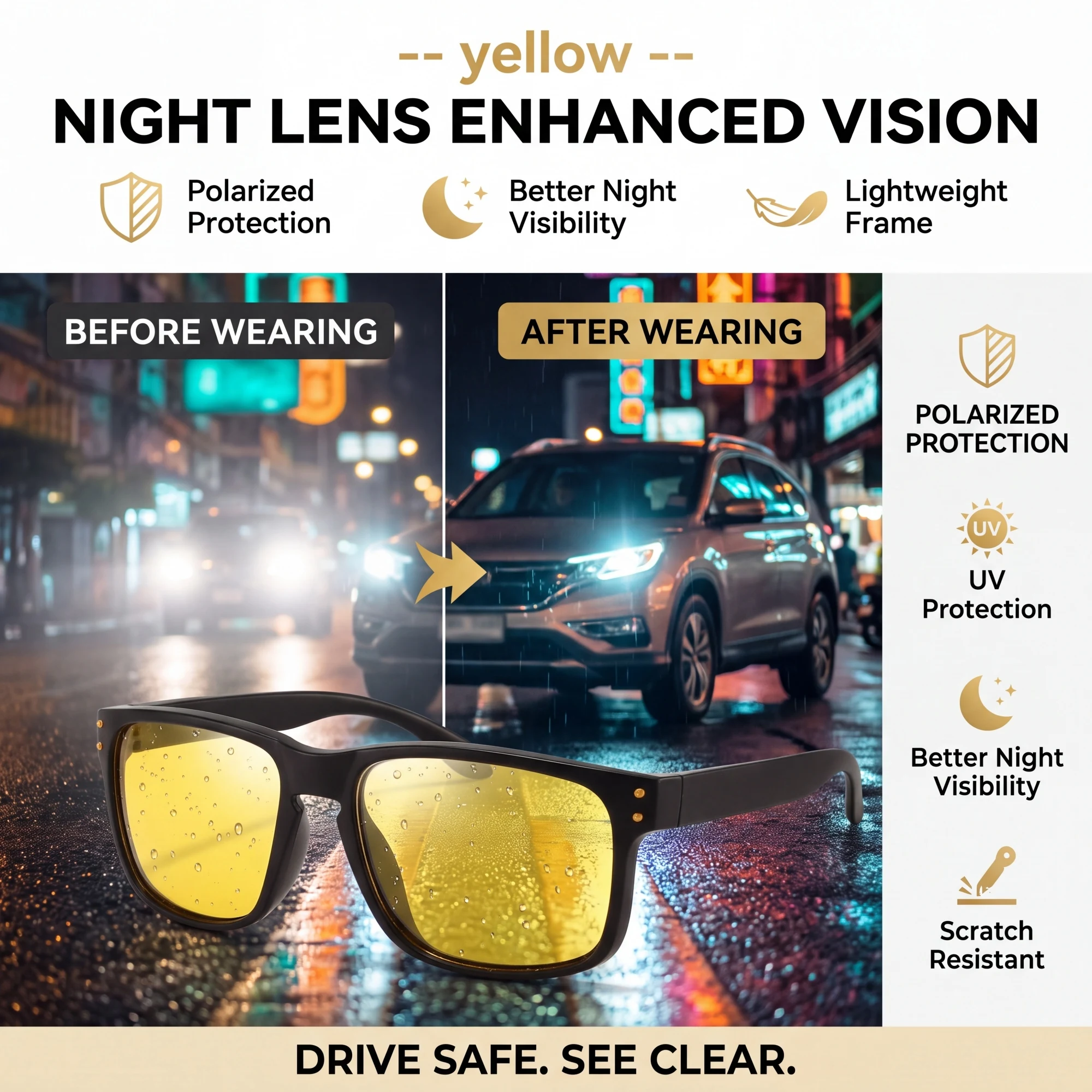 Polarized Night Vision Glasses Anti High Beam Glare Yellow Lens UV400 Lightweight Eyewear for Night Driving Cycling Rainy Road