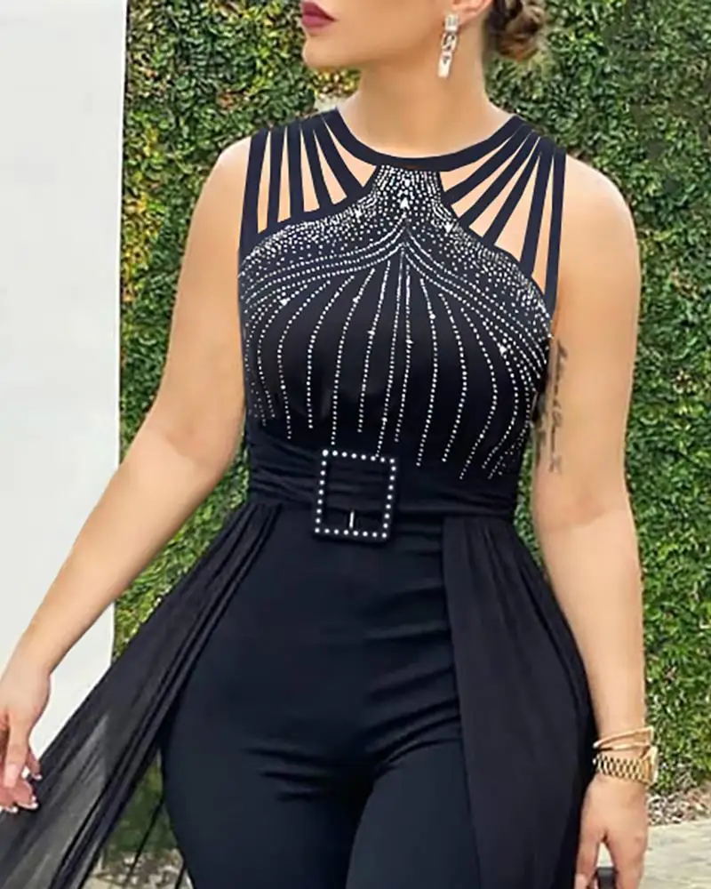 2024 Fashionable and elegant Women\'s Sexy Round Neck Rhinestone Sheer Mesh Sleeveless Jumpsuit With Belt Party Club Jumpsuit