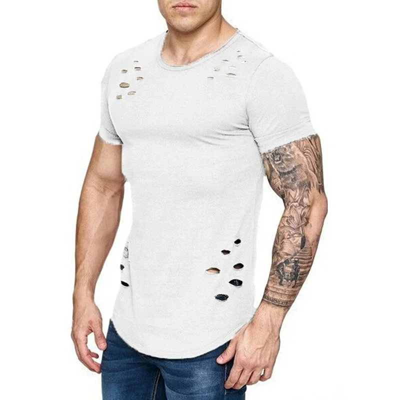 2026 Men's Ripped T-Shirt Loose Solid Color Large Size Men T Shirts Man Holey T Shirt Brand New Men's Tops Tees