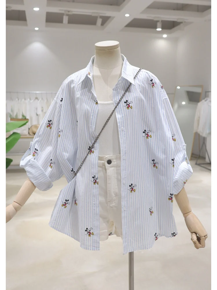 Rollable Sleeves Breathable Age-Reducing Cartoon Striped Blouse 2024 Summer Loose Slimming Cotton Thin Long-Sleeved Shirts Women