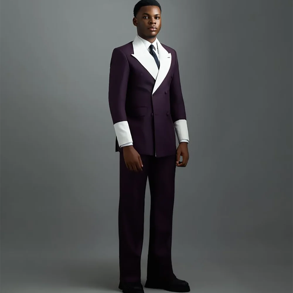 Luxury Men's Contrast Color 2 Piece Suit Peak Lapel Double Breasted Slim Formal Party Groom Prom Wedding Set Jacket Pants