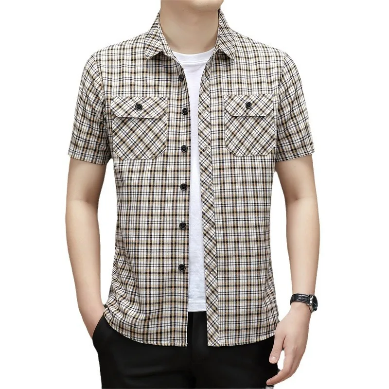 

Cotton Plaid Shirts Men Double Pocket Linen Checkered Work Shirt Casual Tops Trendy Youth Korean Style Summer Quality Clothes