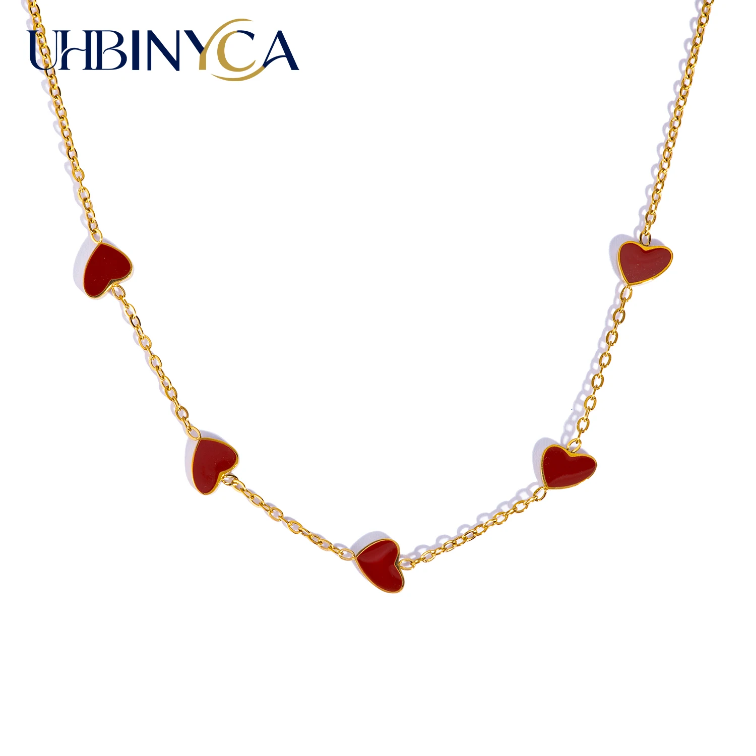 Halskette mit 5 kleinen roten Herzanhängern, romantisches Valentinstagsgeschenk aus kaltem Emaille, 18 Karat vergoldeter Edelstahlschmuck