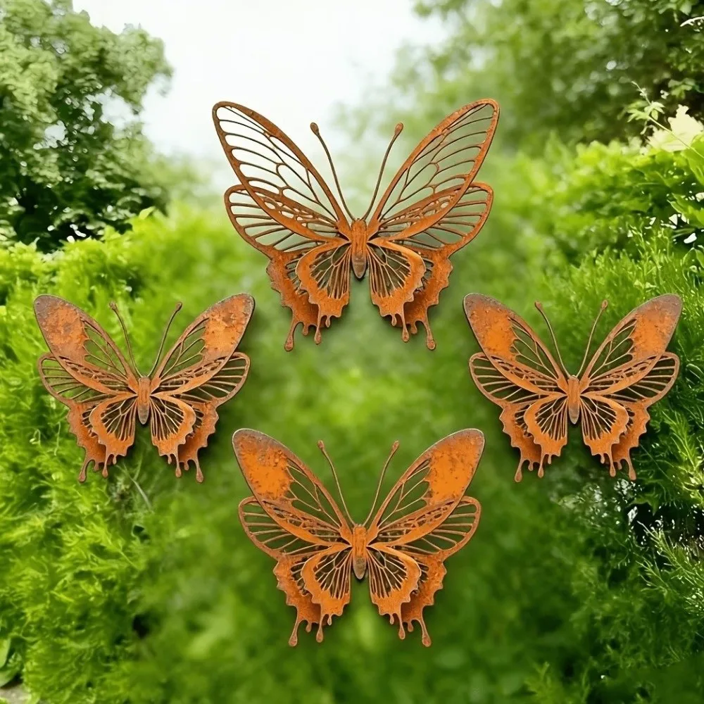 1/3PCS Metal Structure Butterfly Garden Sculpture Hollow Double Layer Rust-Colored Metal Butterfly Sculpture Vintage