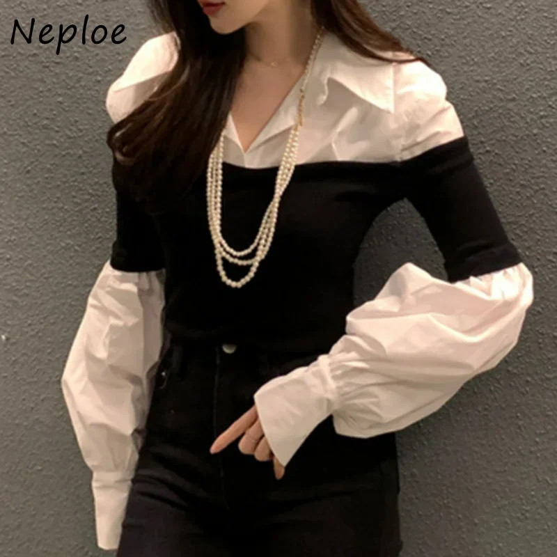 Neploe Turn Down Collar Fake Two Piece Blouses Long Sleeve Contrast Color Patchwork Shirts Vintage Blusas Mujer De Moda 2024