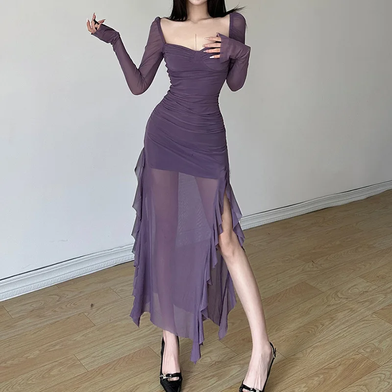2025 Estate Nuove Donne Abiti Lunghi Moda Sexy Sheer Mesh Abito a maniche lunghe per le donne Y2k Slim Fit Split Ruffle Hem Abiti