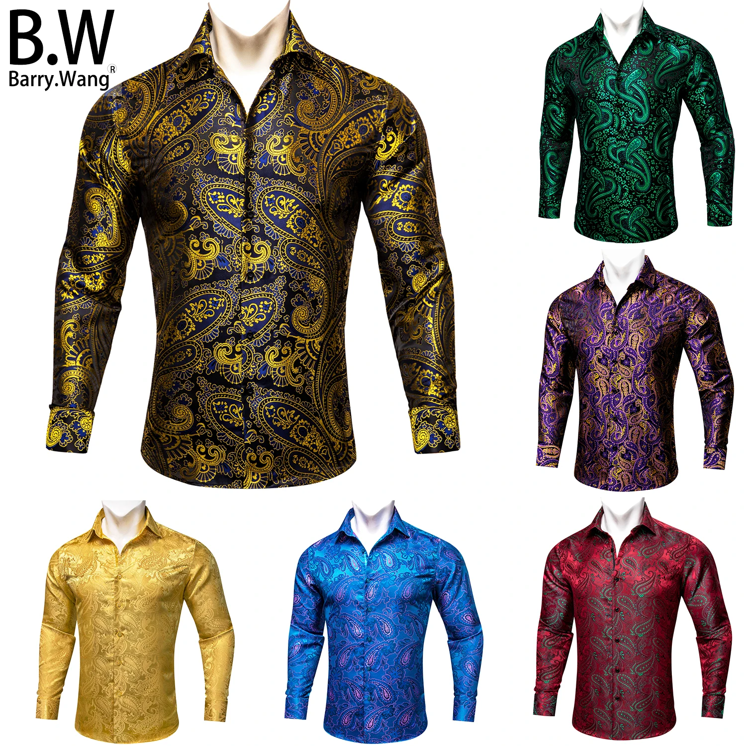 Barry.Wang Luxury Silk Mens Shirts Jacquard Paisley Long Sleeve Formal Casual 26 Colours Male Blouses Wedding Business Prom Gift