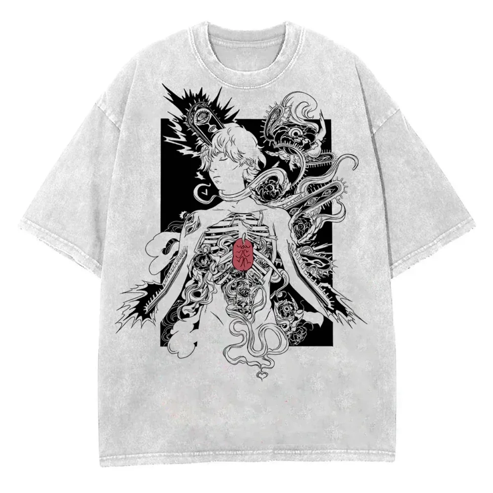 Men Harajuku Anime Graphic T-shirts Streetwear Vintage Washed Cotton Oversized T Shirt for Men Loose Short Sleeve Tees Tshirt