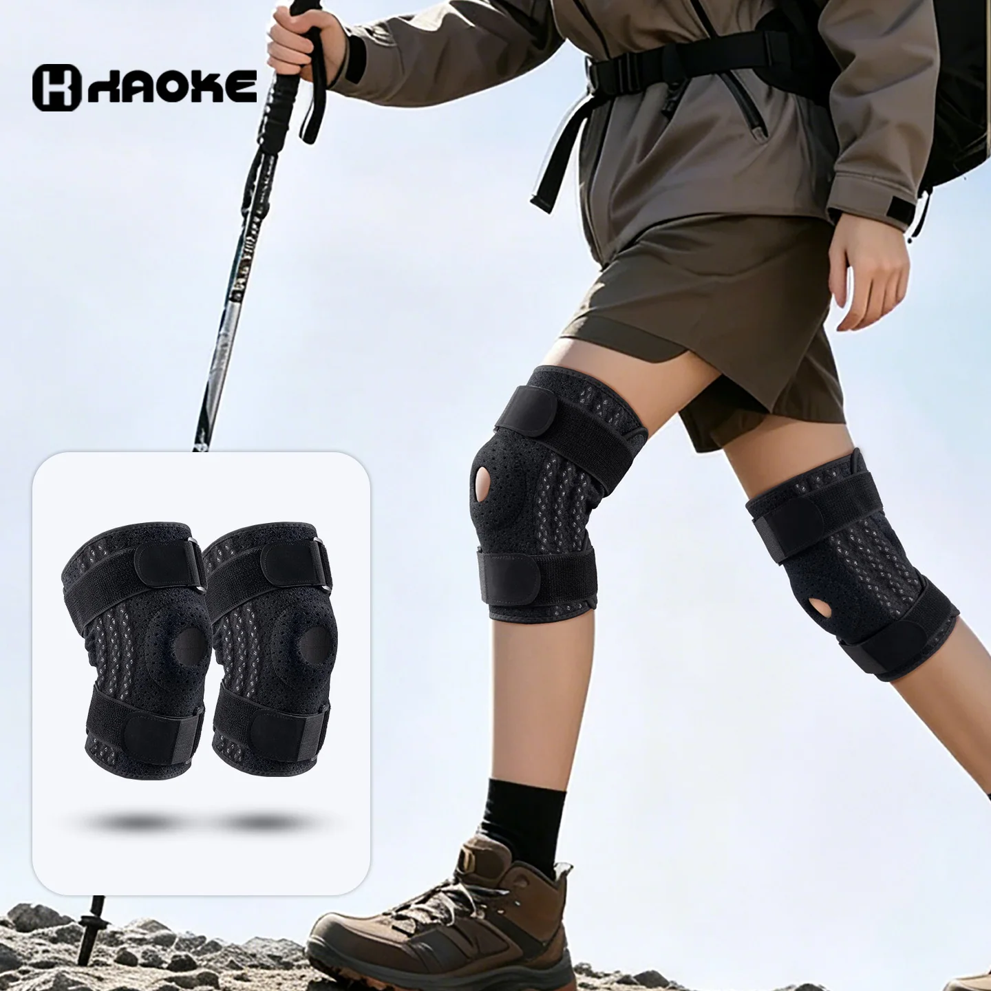 Adjustable knee support brace with 6 reinforced support springs, open patella compression knee sleeve