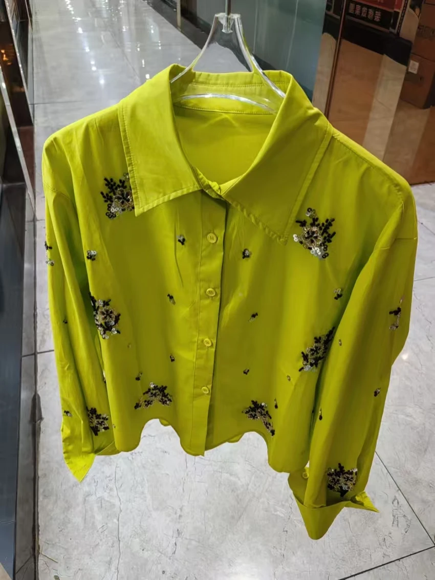 

Новинка осени 2025 года, свободные повседневные хлопковые рубашки на пуговицах, блузки для женщин, рукав-фонарик, корейская популярная роскошная милая верхняя одежда