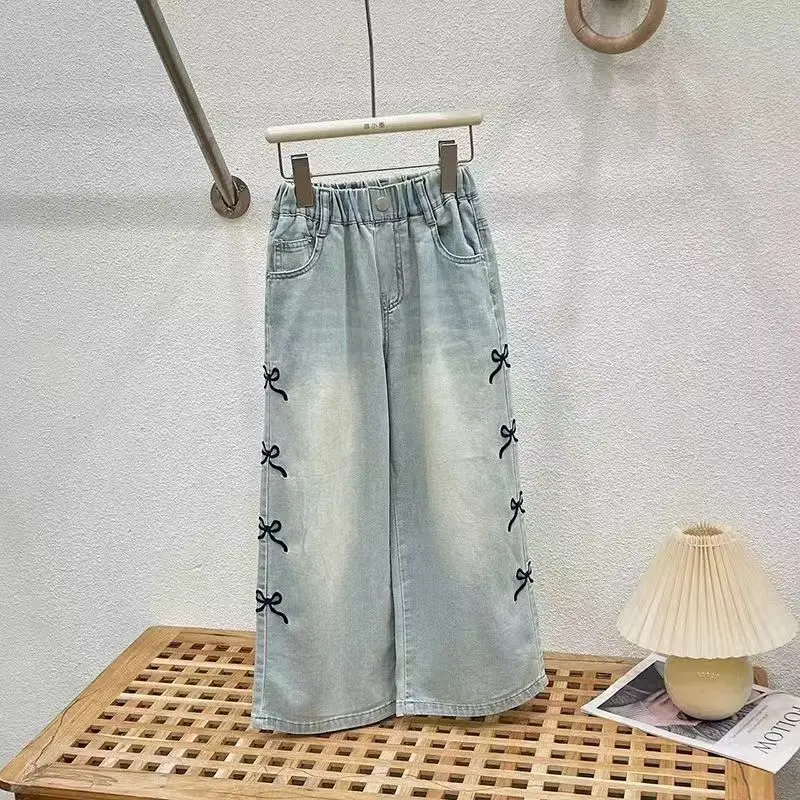 Girls' Summer Outfit Set 2025 New Children's Printed Bow T-shirt Straight Leg Jeans Two-piece set Children's Clothing